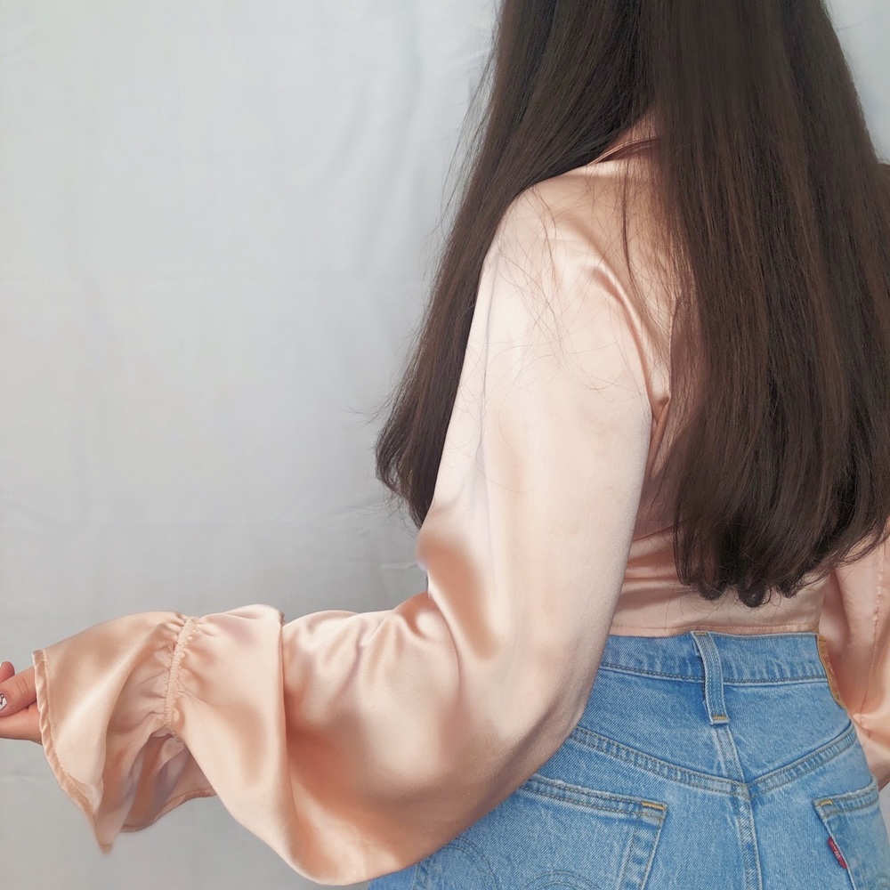 Pink Satin Tie Flounce Blouse